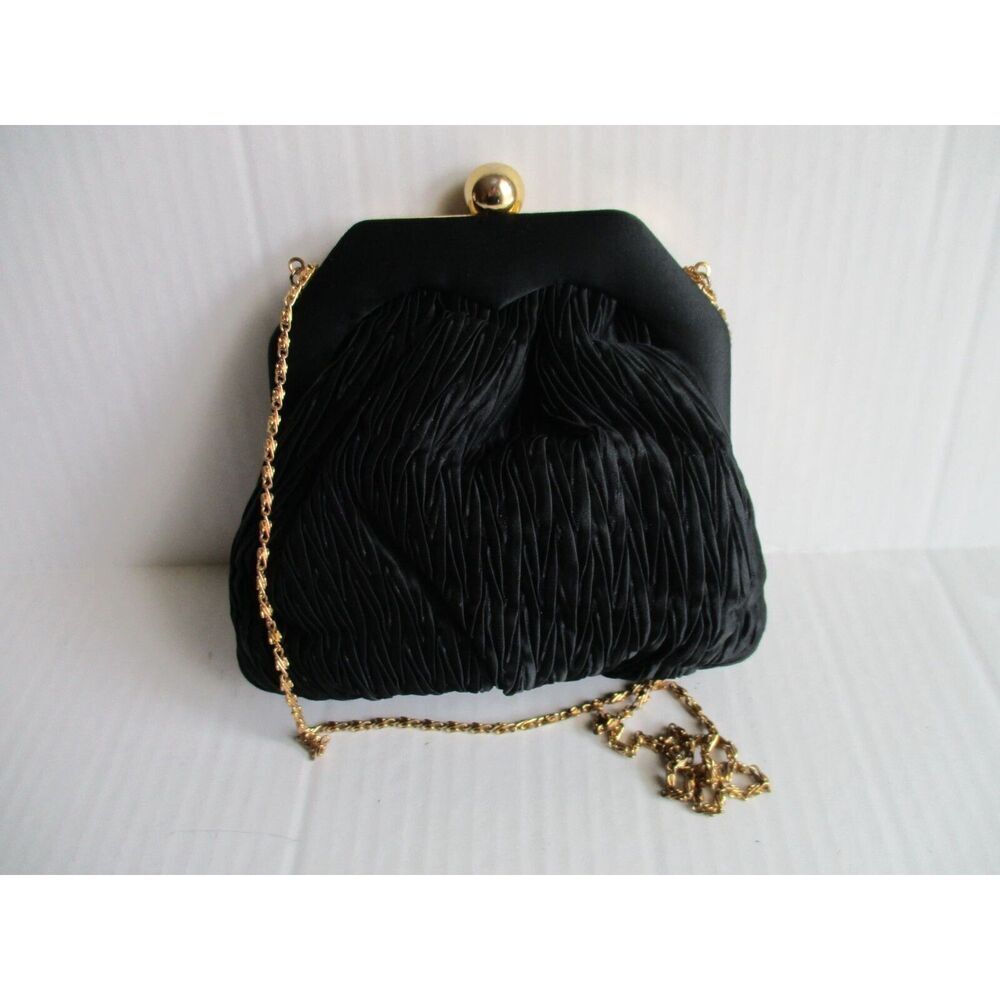 Shals Vintage Black Peau de Soie Clutch Pleated Evening Bag w Chain Strap - Picture 7 of 8